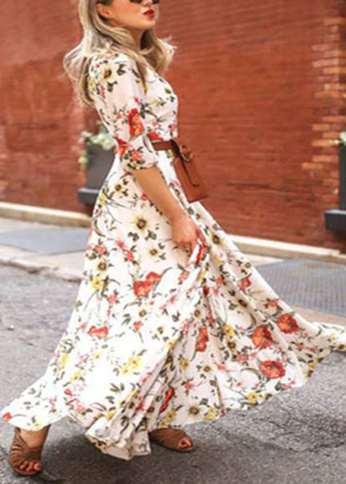 French Blue O-Neck Print Chiffon Long Dresses Half Sleeve WW1045 Ada Fashion