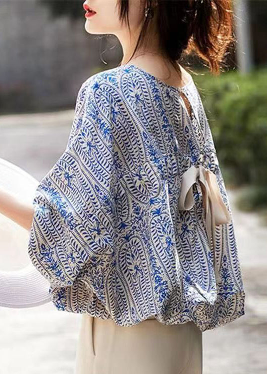 French Blue O Neck Print Lace Up Cotton Tops Batwing Sleeve OP1093 Ada Fashion