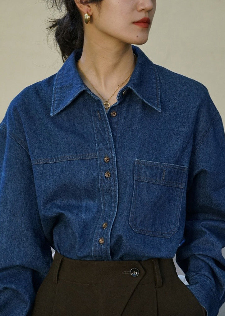 French Blue Peter Pan Collar Button Pockets Denim Shirts Fall TU005