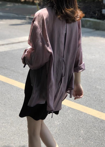 French Blue Peter Pan Collar Lace Up Silk Shirt Spring KK020 SH-LF-LTP240602