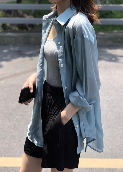 French Blue Peter Pan Collar Lace Up Silk Shirt Spring KK020 SH-LF-LTP240602