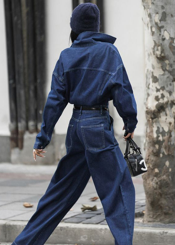 French Blue Peter Pan Collar Pockets Denim Jumpsuit Fall MN049 MMDM-JPTS240704