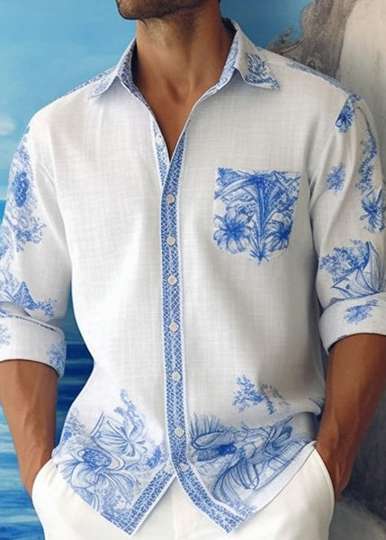 Cotton Print Peter Pan Shirts Fall Blue Collar Mens French FashionChic
