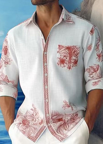 Cotton Print Peter Pan Shirts Fall Blue Collar Mens French FashionChic