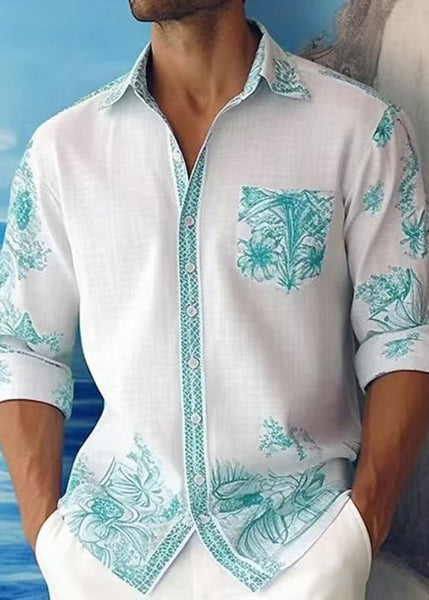 Cotton Print Peter Pan Shirts Fall Blue Collar Mens French FashionChic