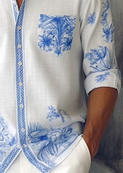 Cotton Print Peter Pan Shirts Fall Blue Collar Mens French FashionChic