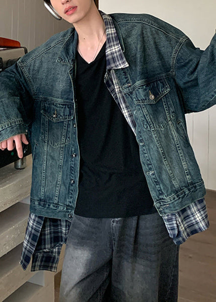 Coats False Mens Two Spring TC049 Plaid Blue Pieces Denim Patchwork French