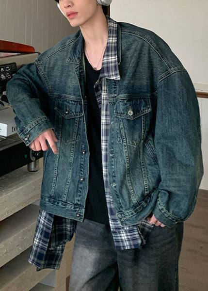 Coats False Mens Two Spring TC049 Plaid Blue Pieces Denim Patchwork French