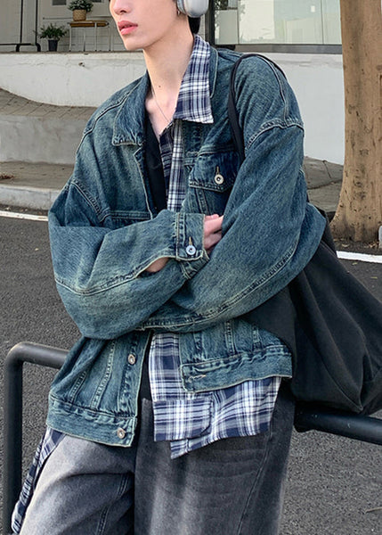 Coats False Mens Two Spring TC049 Plaid Blue Pieces Denim Patchwork French