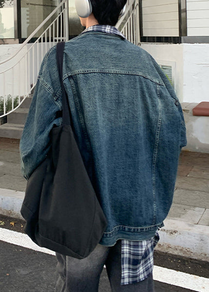 Coats False Mens Two Spring TC049 Plaid Blue Pieces Denim Patchwork French