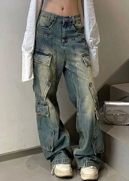 French Blue Pockets Elastic Waist Denim Pants Fall QF041 Men-LPTS241016