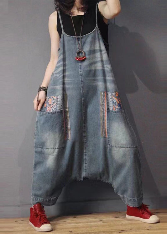 French Blue Pockets High Waist Denim Jumpsuit Sleeveless MN088 MMDM-JPTS240704