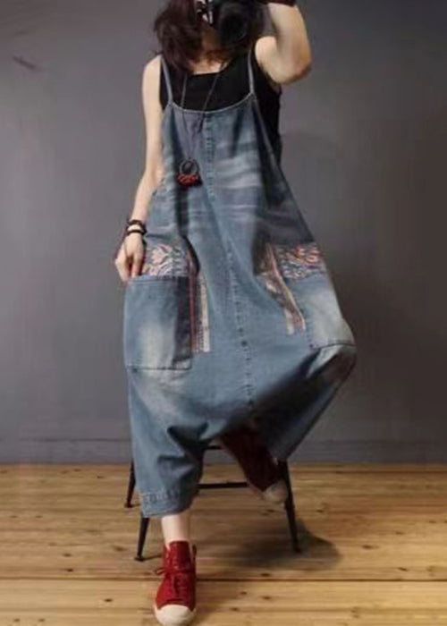 French Blue Pockets High Waist Denim Jumpsuit Sleeveless MN088 MMDM-JPTS240704