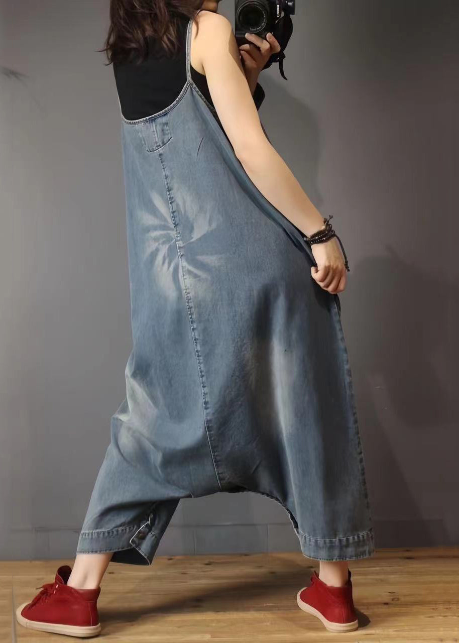 French Blue Pockets High Waist Denim Jumpsuit Sleeveless MN088 MMDM-JPTS240704