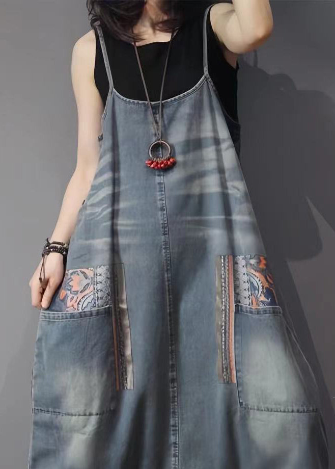 French Blue Pockets High Waist Denim Jumpsuit Sleeveless MN088 MMDM-JPTS240704