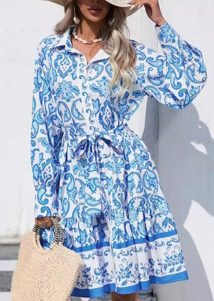 French Blue Print Button Tie Waist Cotton Dress Fall AU1013 OM-ZS240902