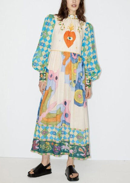 French Blue Print Lace Up Patchwork Cotton Dress Long Sleeve FF091 SH-LF-FDL240603