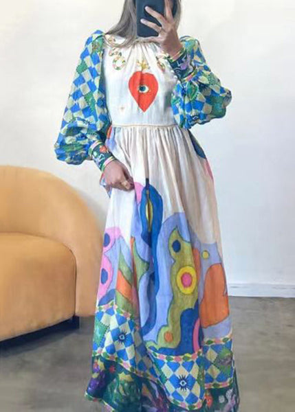 French Blue Print Lace Up Patchwork Cotton Dress Long Sleeve FF091 SH-LF-FDL240603