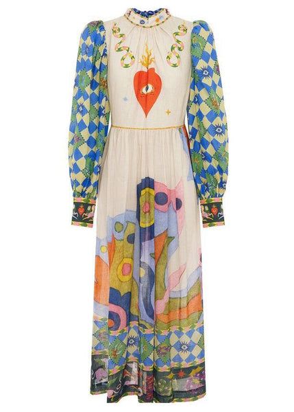 French Blue Print Lace Up Patchwork Cotton Dress Long Sleeve FF091 SH-LF-FDL240603