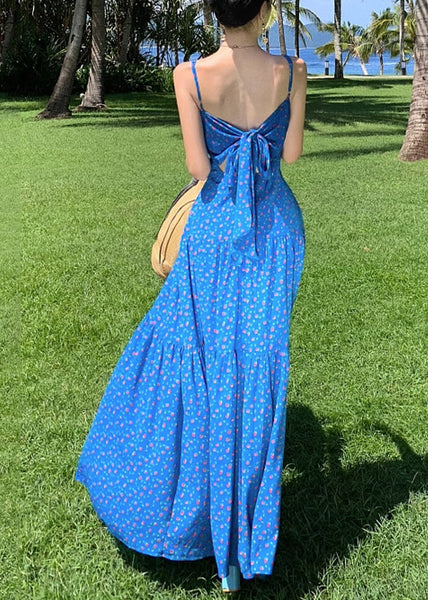 Summer Dress Patchwork Blue Spaghetti Print Maxi French Strap FashionChic