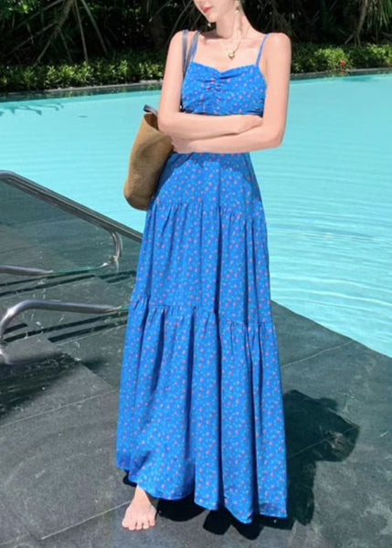 Summer Dress Patchwork Blue Spaghetti Print Maxi French Strap FashionChic