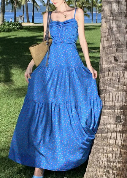 Summer Dress Patchwork Blue Spaghetti Print Maxi French Strap FashionChic