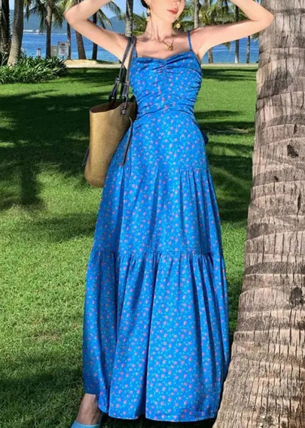 Summer Dress Patchwork Blue Spaghetti Print Maxi French Strap FashionChic