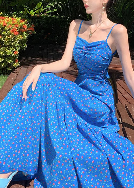 Summer Dress Patchwork Blue Spaghetti Print Maxi French Strap FashionChic