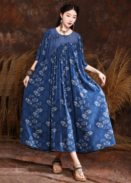 French Blue Print Wrinkled Denim Long Dress Half Sleeve MN066 MMDM-SDL240704