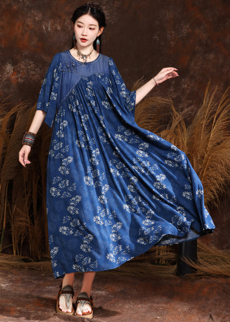 French Blue Print Wrinkled Denim Long Dress Half Sleeve MN066 MMDM-SDL240704