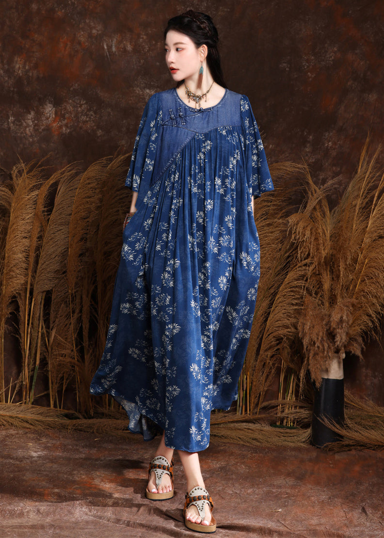 French Blue Print Wrinkled Denim Long Dress Half Sleeve MN066 MMDM-SDL240704