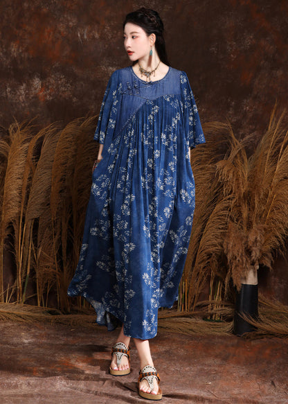French Blue Print Wrinkled Denim Long Dress Half Sleeve MN066 MMDM-SDL240704