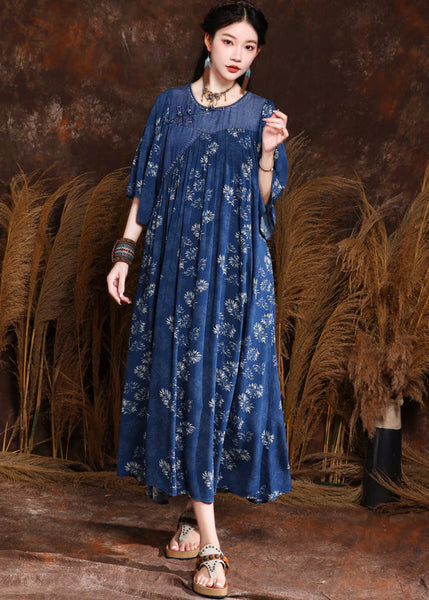 French Blue Print Wrinkled Denim Long Dress Half Sleeve MN066 MMDM-SDL240704