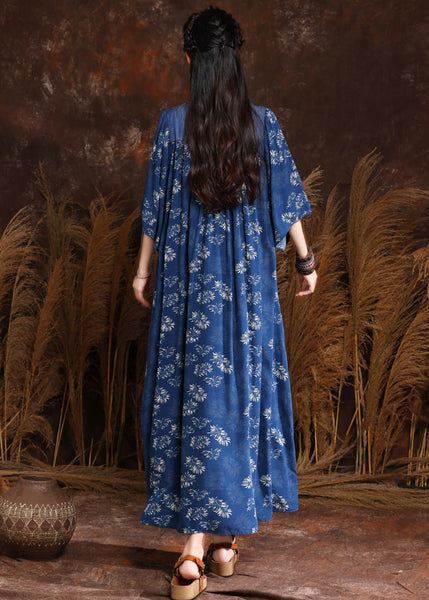 French Blue Print Wrinkled Denim Long Dress Half Sleeve MN066 MMDM-SDL240704