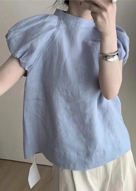 French Blue Puff Sleeve Cotton T Shirt Top AL1082 Genistyle Shop