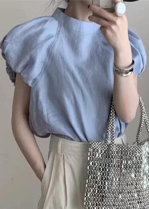 French Blue Puff Sleeve Cotton T Shirt Top AL1082 Genistyle Shop