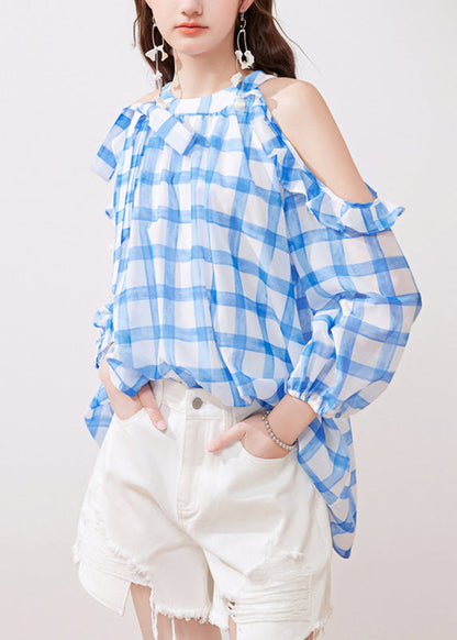 French Blue Ruffled Cold Shoulder Chiffon Shirt Summer UU1063 SH-LF-STP240526