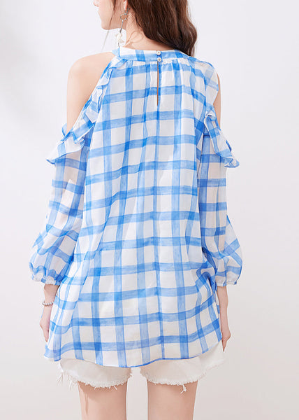 French Blue Ruffled Cold Shoulder Chiffon Shirt Summer UU1063 SH-LF-STP240526