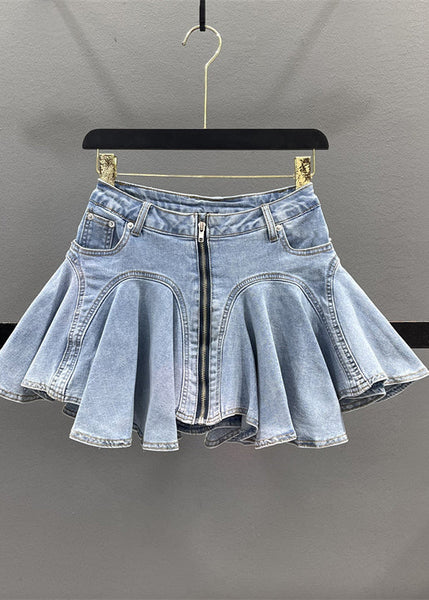 Denim Zippered Blue Ruffled Skirt Patchwork Summer French FashionChic