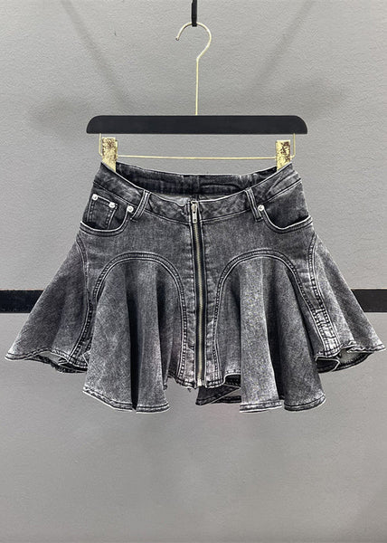 Denim Zippered Blue Ruffled Skirt Patchwork Summer French FashionChic
