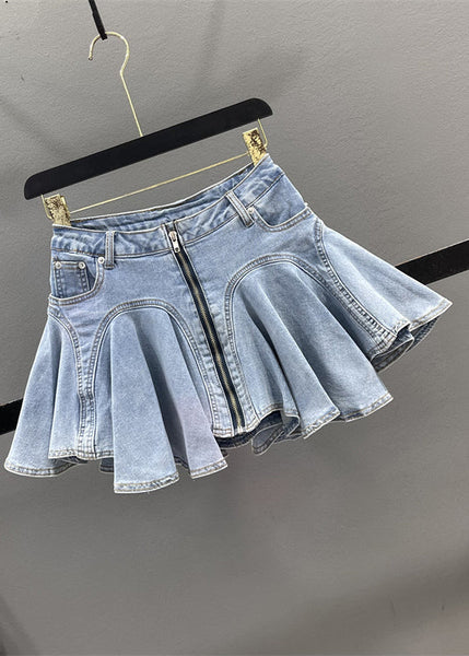 Denim Zippered Blue Ruffled Skirt Patchwork Summer French FashionChic