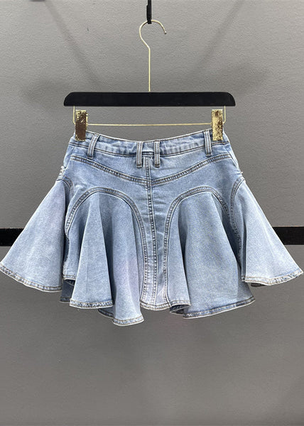 Denim Zippered Blue Ruffled Skirt Patchwork Summer French FashionChic