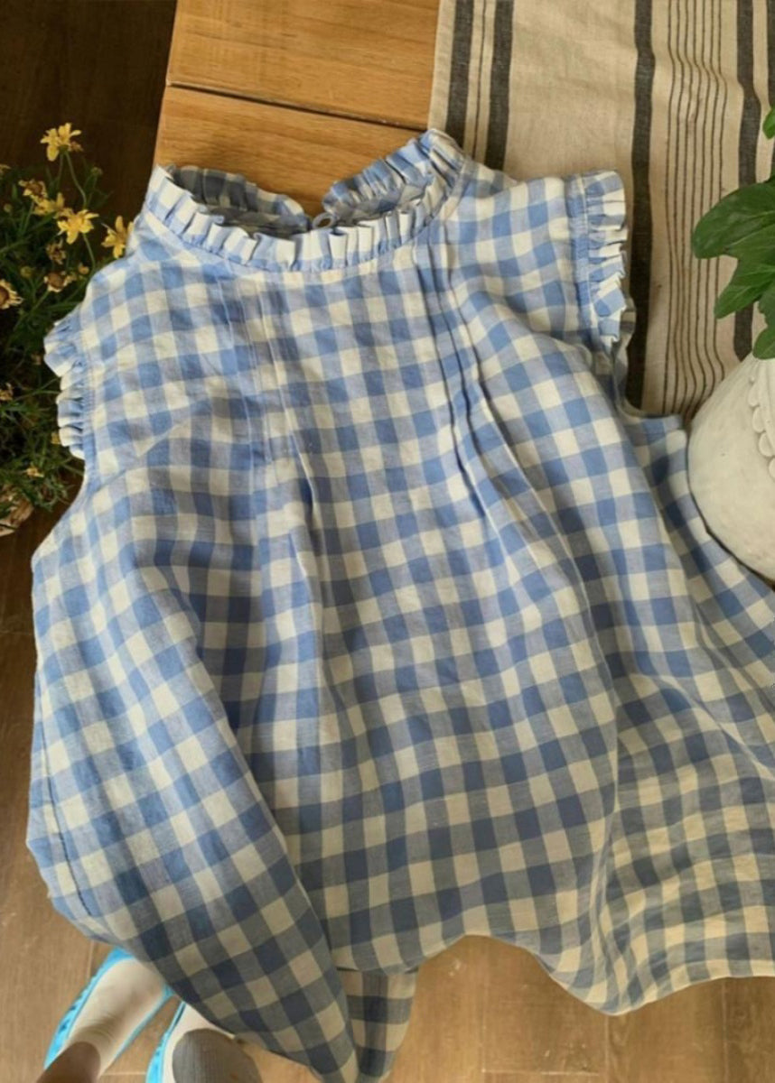 French Blue Ruffled Plaid Loose Cotton Top Summer QK015 BB-STP241022