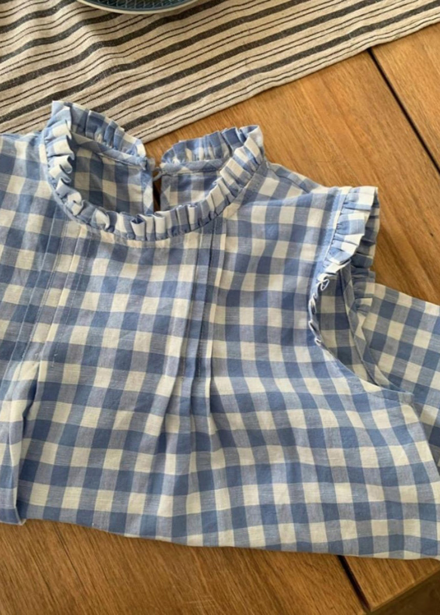 French Blue Ruffled Plaid Loose Cotton Top Summer QK015 BB-STP241022