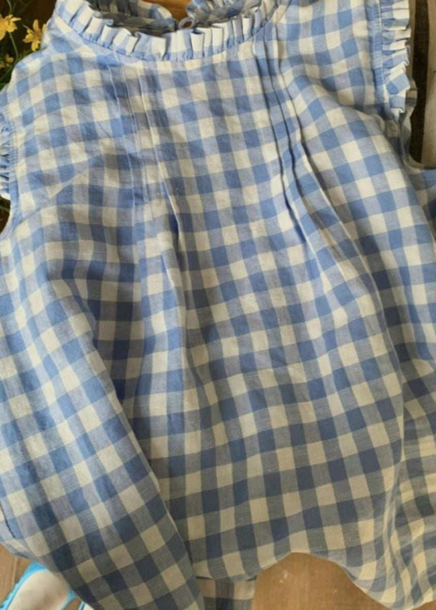 French Blue Ruffled Plaid Loose Cotton Top Summer QK015 BB-STP241022