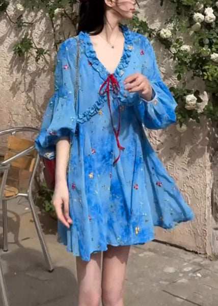 Puff Sleeve Dresses Ruffled French Blue Print Chiffon FashionChic