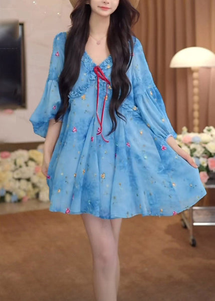 Puff Sleeve Dresses Ruffled French Blue Print Chiffon FashionChic