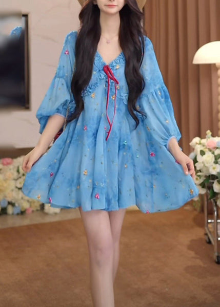 Puff Sleeve Dresses Ruffled French Blue Print Chiffon FashionChic