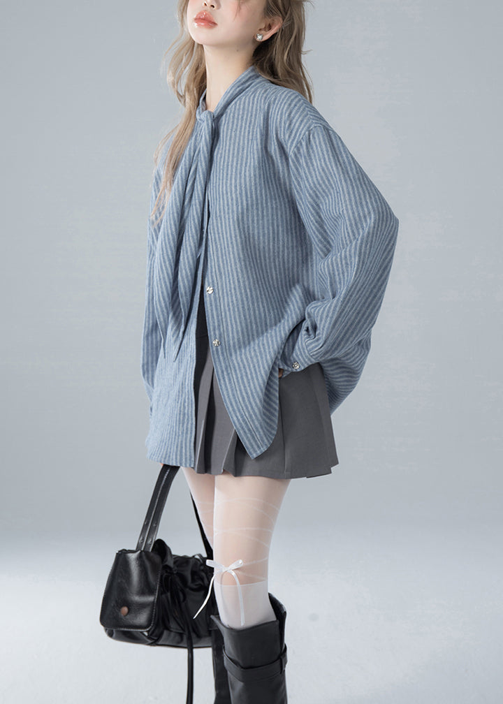 Striped Bow Blue Spring French Shirts Cotton FashionChic