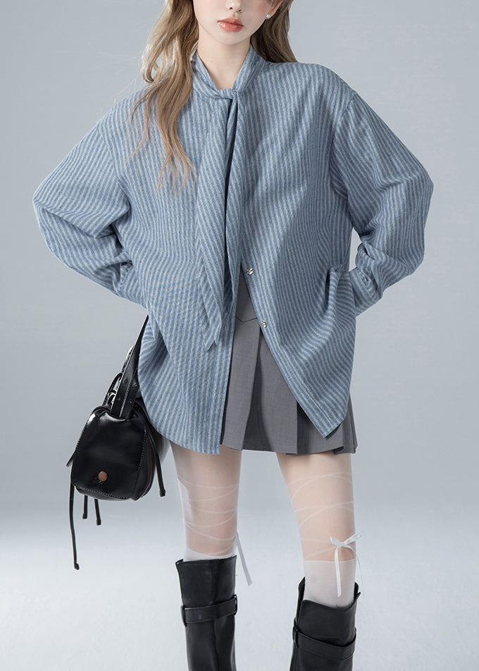 Striped Bow Blue Spring French Shirts Cotton FashionChic